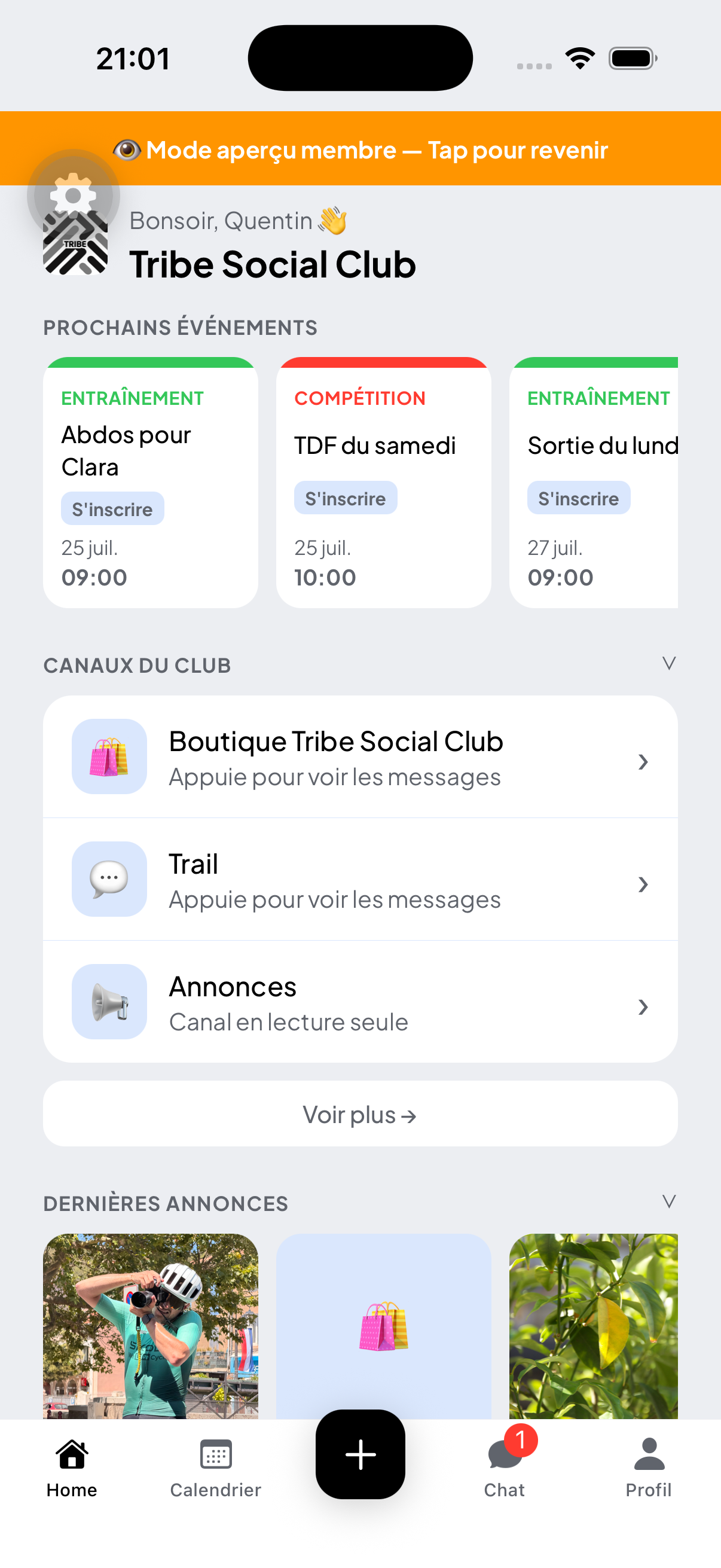 Tribe app — écran principal